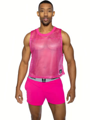 Bright pink mesh sleeveless practice jersey bike with rounded neckline and small black brand tag on lower right side