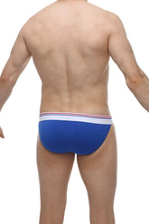 Blue bikini aizy modal men’s briefs with a white waistband featuring thin red and blue stripes