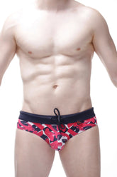 Bikini ajoupa chick red and black camouflage swim trunks with navy blue waistband for casual beachwear