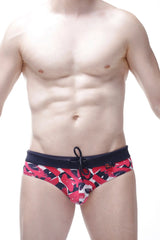 Bikini ajoupa chick red and black camouflage swim trunks with navy blue waistband for casual beachwear