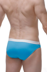 Bright blue bikini allery joe swim trunks with white waistband and three thin horizontal side stripes for swimming
