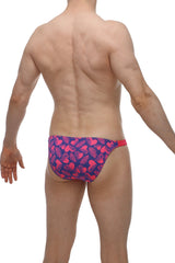Petitq bikini bessas tropical hearts vibrant pink and navy swim trunks with bold heart leaf pattern and red waistband