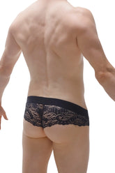 Bikini blécourt black petitq black lace underwear with floral pattern and elastic waistband shown from the back side