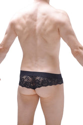 Black lace bikini underwear with a solid waistband showcasing delicate floral lace design