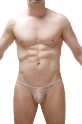 Beige mesh bikini capri durtol nude briefs with subtle red logo on the waistband