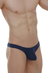 Navy blue men’s thong with small logo on waistband part of petitq bikini capri plum navy collection