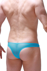 A translucent turquoise thong bikini capri net maya blue with smooth form-fitting design visible from the back