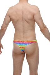 Rainbow glitter thong from petitq bikini capri with vibrant horizontal stripes featuring all colors of the spectrum