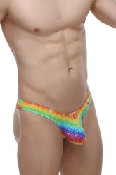Petitq bikini capri rainbow rainbow sequined thong with glittery vibrant gradient design showing back side