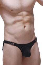 Black mesh briefs bikini chains bee black with braided chain belt and red logo detail