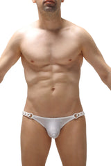 White mesh thong bikini with silver chain detailing at the sides from bikini chains bee white collection