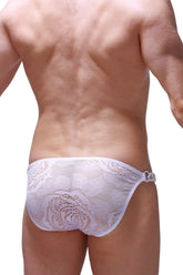 White lace bikini briefs with intricate floral patterns and sheer mesh design in coudray white color