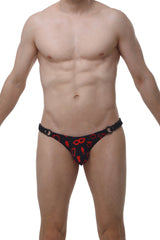 Black thong from PetitQ bikini chains boudoir with red cocktail and mask patterns for stylish lingerie look