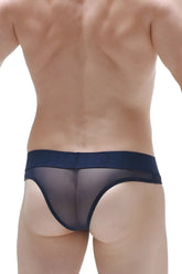 Navy blue bikini chisa net briefs with sheer mesh and solid fabric waistband front view