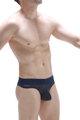 Navy blue bikini chisa net sheer mesh briefs with solid waistband shown from the back