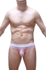 Pink men’s bikini chisa tea rose briefs with white elastic waistband made from soft breathable fabric