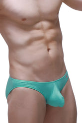 Turquoise form-fitting men’s briefs with smooth stretchy bamboo fabric and subtle logo on the waistband front view
