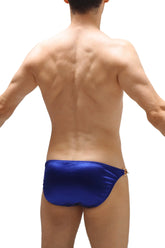 Blue satin swim trunks with a gold tone side buckle from bikini conguel satin sapphire collection