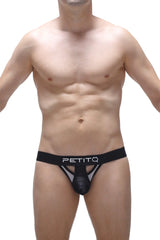 Black bikini costac thong with mesh panel and solid front pouch for comfortable swimwear use