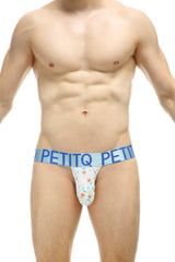 White and blue patterned petitq bikini brief luray covid vaccine with light blue waistband and bold brand name