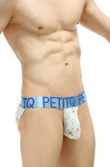 White and blue patterned petitq bikini brief luray covid vaccine with light blue waistband and bold brand name