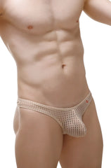 Beige mesh bikini briefs with perforated design and small red logo on the side from bikini dome durtol nude collection