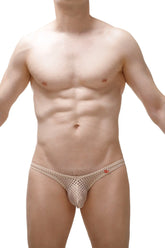 Beige mesh thong bikini dome durtol nude with a red logo on the side in a minimalist design