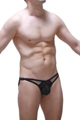Black mesh thong bikini fors durtol with thin straps and small red logo on the front designed for swimwear use