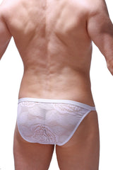 White bikini Ladon Coudray briefs with lace trim and delicate patterned mesh design