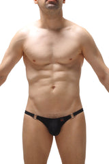 Black men’s thong bikini ladon plum black with metallic silver side rings and small red logo on the front