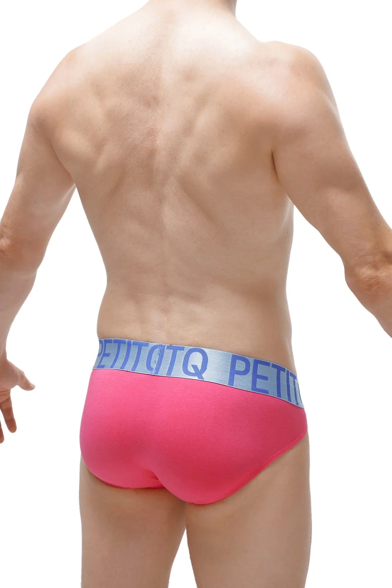 Bikini lagny modal fuchsia bright pink briefs with light blue elastic waistband featuring petitbq logo pattern