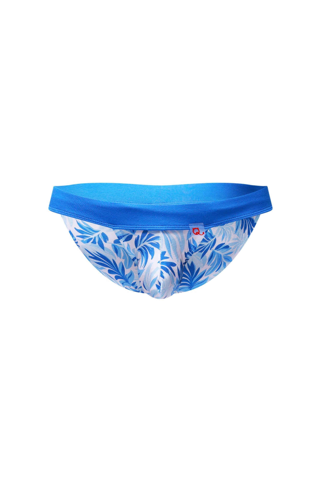 PetitQ bikini Linthes Maeha briefs with blue and white tropical leaf pattern and solid blue waistband