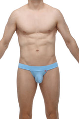Light blue form-fitting men’s briefs made of smooth stretchy bamboo fabric with a small logo on the waistband