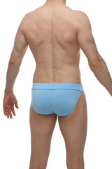 Light blue form-fitting swim trunks with smooth bamboo fabric finish called bikini linthes bamboo blue