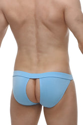 Light blue form-fitting bamboo briefs bikini manol with central cutout at the back shown from backside