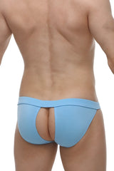 Light blue form-fitting bamboo briefs bikini manol with central cutout at the back shown from backside