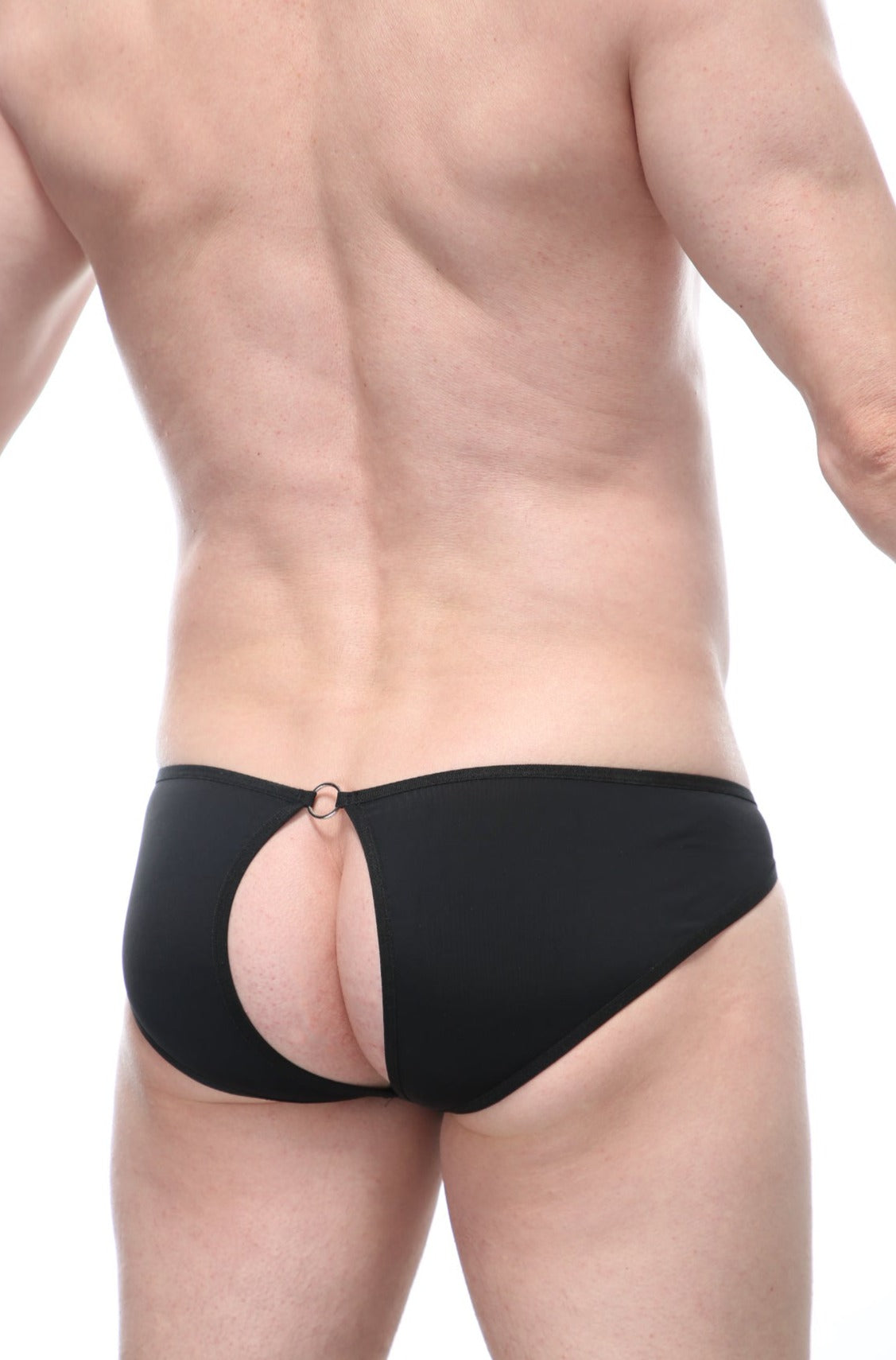 Black petitq bikini manol ring briefs showing back side with form fitting cutout and small metal ring detail