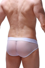 White mesh bikini mega bulge briefs with solid white waistband and pe logo on the front