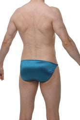 A sleek teal satin PetitQ bikini brief with a smooth glossy finish and tailored fit