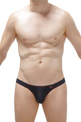 Black thong bikini mothern black with red stitching and a small logo on the waistband shown from the back side