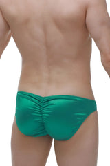Emerald green satin bikini murlin briefs with a ruched back design shown from the back side