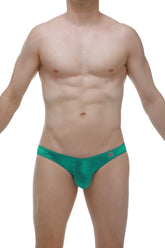 Emerald green satin bikini Murlin briefs with a sleek, form-fitting design