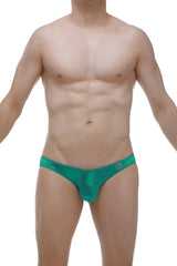 Emerald green satin bikini Murlin briefs with a sleek, form-fitting design
