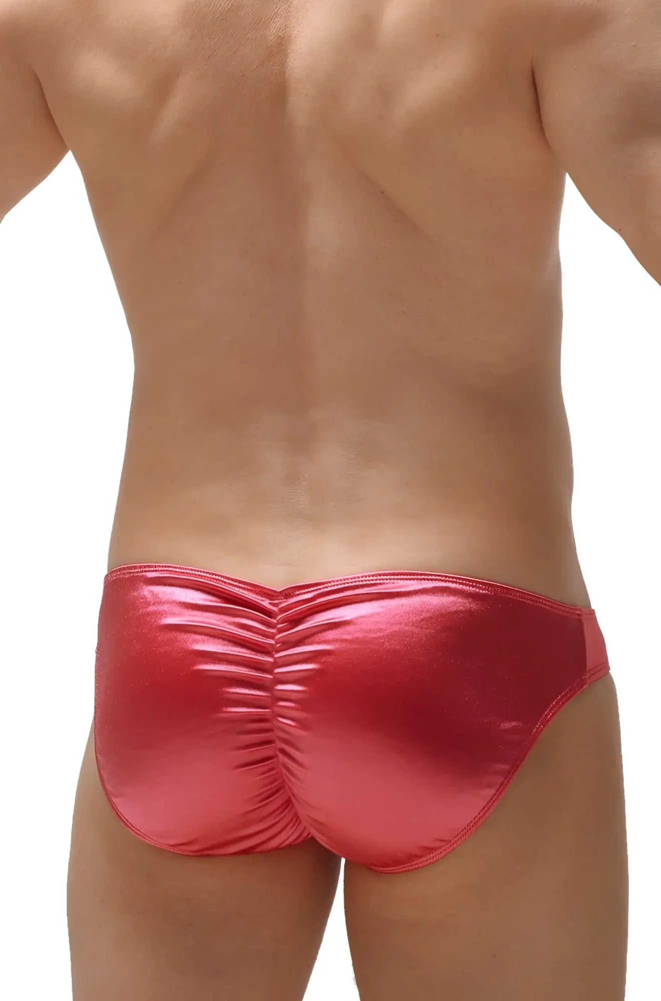 Shiny red metallic bikini briefs with ruched back design in murlin satin pink fabric shown from the back side