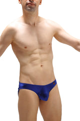 Blue metallic swim trunks with sleek form-fitting design in bikini murlin satin sapphire material