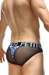 Black mesh bikini briefs with blue camouflage side panels and petitq branding on the waistband