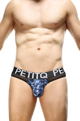 Blue camouflage patterned petitq men’s briefs with black waistband and white lettering bikini noth camo blue design