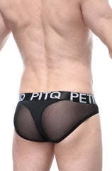 Black mesh petitq bikini briefs with black elastic waistband and white pitq lettering visible from front side