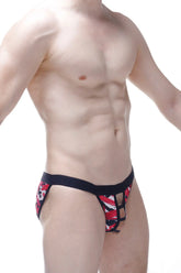 Bikini open chick black and red patterned men’s briefs with lace-up front design for stylish comfort