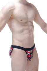 Bikini open chick black and red patterned men’s briefs with lace-up front design for stylish comfort